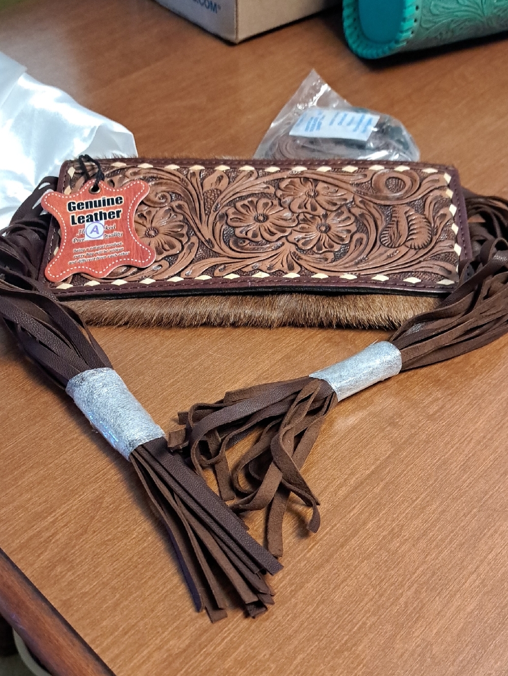 Ohlay Tooled Brown Genuine Leather Fringe Crossbody Bag